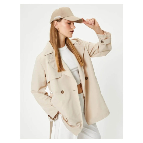 Koton Short Trench Coat Reverse Double Breasted Collar Belt Detail Pockets Wind Flap