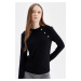 DEFACTO Black Ribbed Camisole Buttoned Long Sleeve Basic Plain T-Shirt Tunic