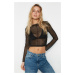 Trendyol Black Stitching Detail Fitted/Simple Crew Neck Crop Tulle Stretch Knitted Blouse