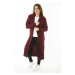 Şans Women's Plus Size Claret Red Long Sleeve Knitwear Long Cardigan with Slit