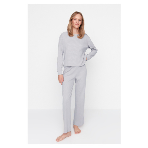 Trendyol Gray Melange Corded Knitted Pajama Set