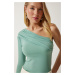 Happiness İstanbul Women's Aqua Green One-Shoulder Gathered Detailed Knitted Blouse