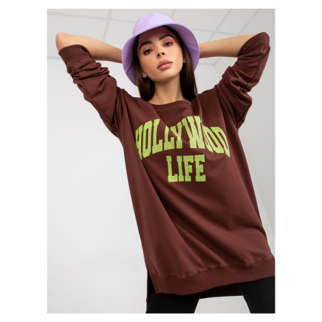 Dark brown and green oversize long sweatshirt with a slogan