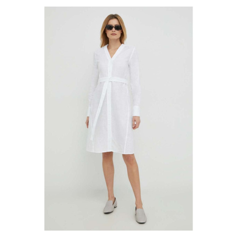 Ľanové šaty Calvin Klein biela farba, mini, rovný strih