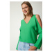 Happiness İstanbul Women's Green Decollete Flowy Ayrobin Blouse