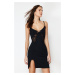 Trendyol Black Cotton Lace Slit Detailed Rope Strap Ribbed Knitted Nightgown