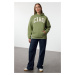 Trendyol Green Thick Fleece Slogan Printed Hooded Oversize/Wide Cut Knitted Sweatshirt