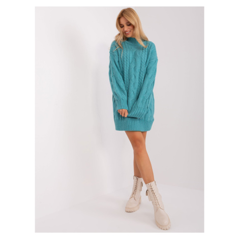 Turquoise knitted dress with turtleneck