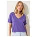 Happiness İstanbul Women's Purple V-Neck Basic Viscose Knitted T-Shirt