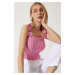 Happiness İstanbul Women's Pink Floral Strappy Crop Knitwear Blouse