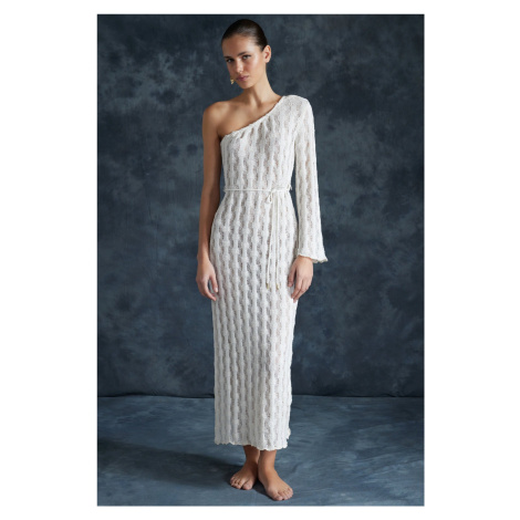 Trendyol Beige Belted Max Knitwear Appearance One-Shoulder Beach Dress