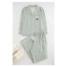 Trendyol Curve Mint Striped Shirt Collar Piping Knitted Pajamas Set