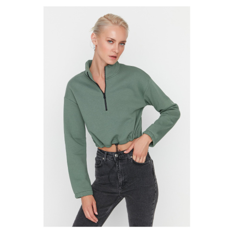 Trendyol Mint Crop Raised Zipper Knitted Sweatshirt