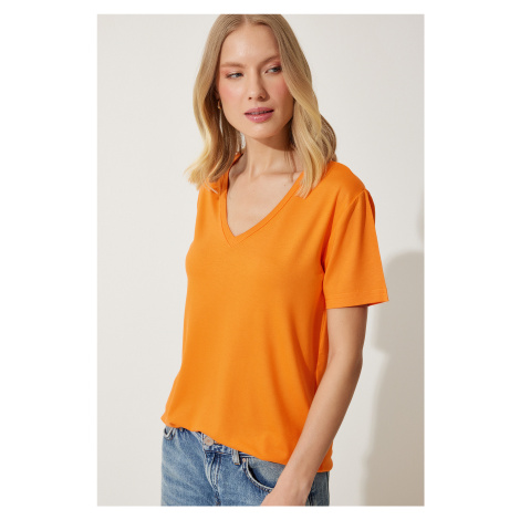 Happiness İstanbul Women's Orange V-Neck Basic Viscose Knitted T-Shirt