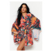 Trendyol Tropical Patterned Belted Mini Woven Kimono & Caftan