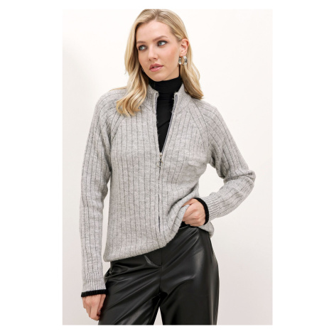 Bigdart 15863 Zippered Knitwear Cardigan - Gray