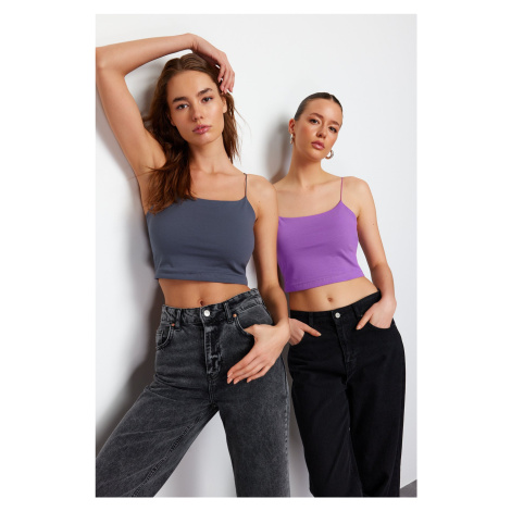 Trendyol Anthracite-Purple 2-Pack Cotton Spaghetti Strappy Crop Stretchy Knitted Undershirt