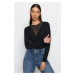 Trendyol Black Crew Neck Tulle Decollete Snap Snap Elastic Knitted Body