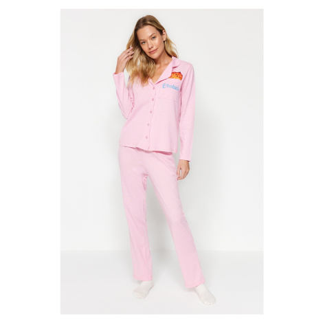 Trendyol Pink Cotton Cookie Printed Shirt-Pants Knitted Pajamas Set