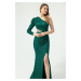 Lafaba Dámske smaragdovo zelené šaty s jedným rukávom dlhé večerné šaty s flitrami a kameňmi.