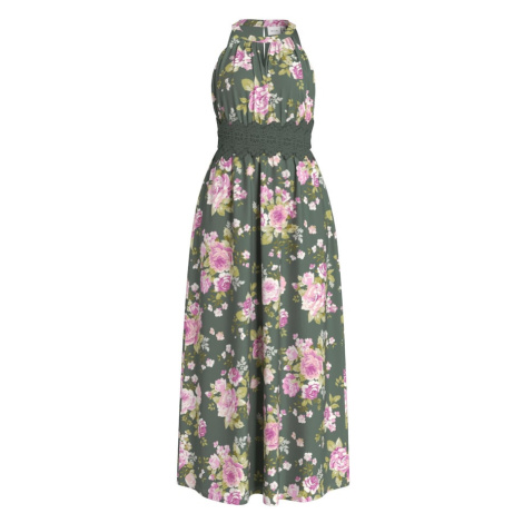 VILA Večerné šaty 'Milina'  kaki / pastelovo zelená / ružová / biela
