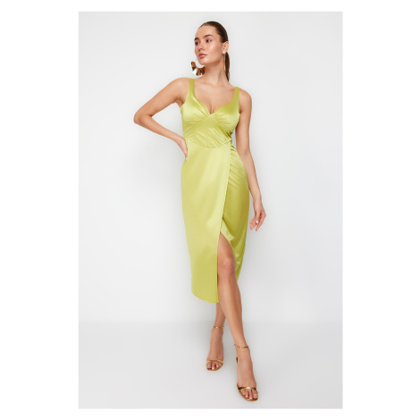 Trendyol Oil Green Satin Draped Wrapover Dress