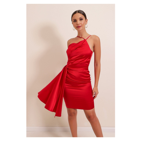 By Saygı Jednoramenné šaty s lanovým popruhom, zhromaždené, podšité, saténové, krátke, červené
