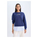 DEFACTO Women's Navy Blue Crew Neck Printed Hem Detailed Thick Sweatshirt