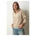 Happiness İstanbul Women's Cream Biscuit Striped Zipper Collar Knitwear Sweater