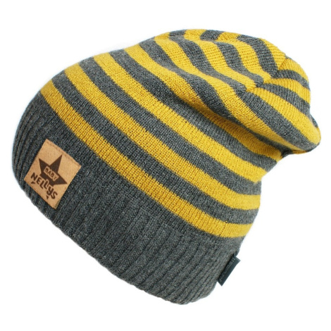 Jesenná/zimní prúžkovaná čiapka - šedo/žltá, 3 - 8 rokov.