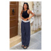 Madmext Navy Blue Belt Detailed Wide Leg Trousers