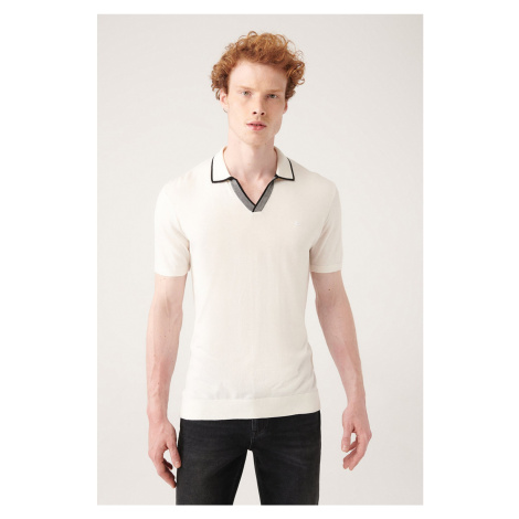 Avva Men's White Unbuttoned Polo Neck Paw Stripe Detailed Ribbed Regular Fit Knitwear T-shirt