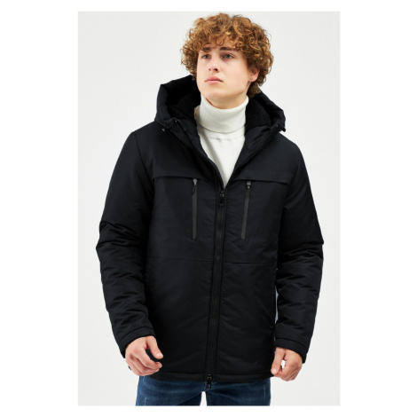 River Club Pánsky čierny vláknom lemovaný vodou a vetruodolný zimný kabát s kapucňou & kabát & p