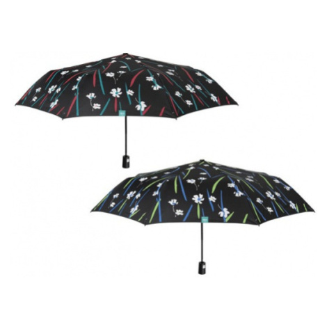 PERLETTI Dámsky skladací automatický dáždnik BLACK FLORAL, 26116 / červené pásy