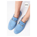 Mio Gusto Claire Genuine Suede Blue Color Oval Toe Buckle Accessory Women's Loafer Shoes