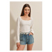 Bigdart 0465 Knitted Blouse with Balloon Sleeves - White