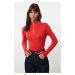 Trendyol Red Cotton Blend Zippered Stand Collar Thin Knit Sweater