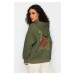 Trendyol Khaki Thick Inside Fleece Front and Back Printed Oversize/Wide Fit Knitted Sweatshirt