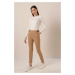By Saygı Side Pockets, Buttons and Accessories, Lycra Stretchy Trousers Wide Size Range, Mink.