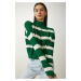 Happiness İstanbul Women's Green Stand-Up Collar Striped Knitwear Sweater