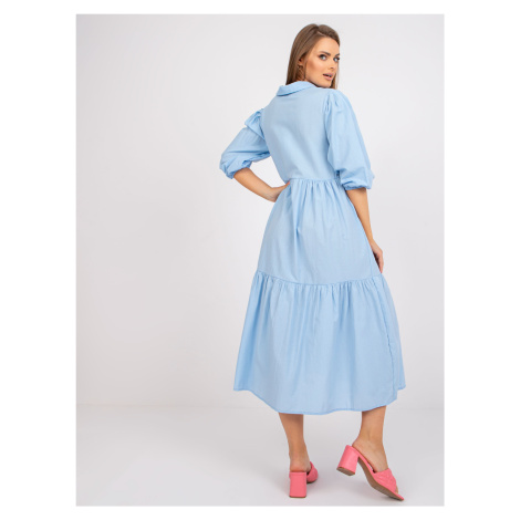Cotton midi dress RUE PARIS light blue with frills