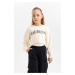 DEFACTO Girl Printed Crop Crew Neck Sweatshirt Suspender Undershirt 2-Piece Set