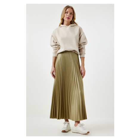 Happiness İstanbul Women's Light Khaki Shiny Finish Pleated Knitted Skirt