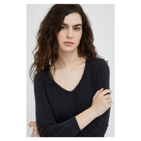Bavlnené tričko s dlhým rukávom American Vintage T-SHIRT ML COL V čierna farba,, SON02B