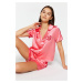 Trendyol Pink Slogan Printed Satin Shirt-Shorts Woven Pajama Set