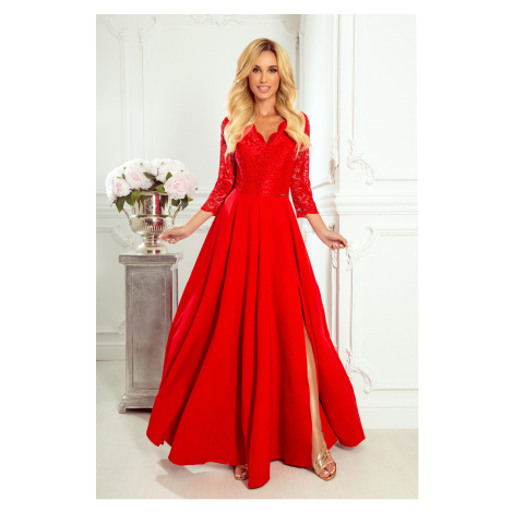 Elegantné červené čipkované dlhé šaty s výstrihom ELISA 309-3 NUMOCO