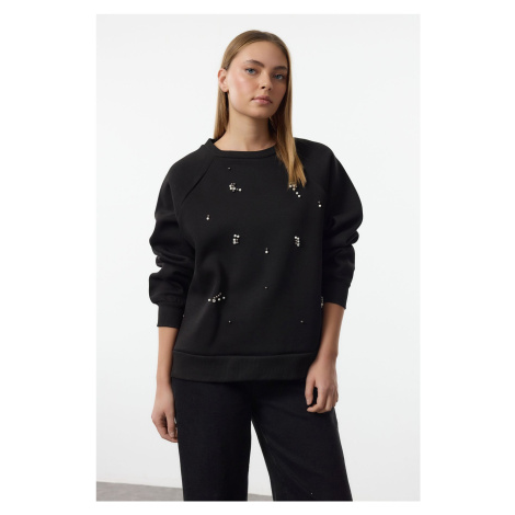 Trendyol Black Stone Detailed Relaxed/Comfortable Thick Inside Polar Fleece Knitted Sweatshirt