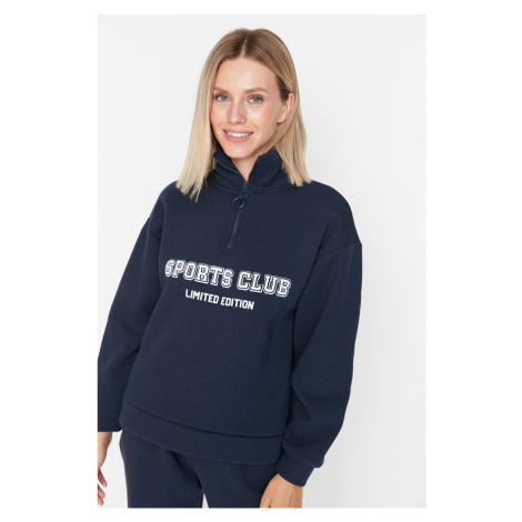 Trendyol Navy Blue Regular/Normal Cut Slogan Zippered Thick Fleece Sweatshirt