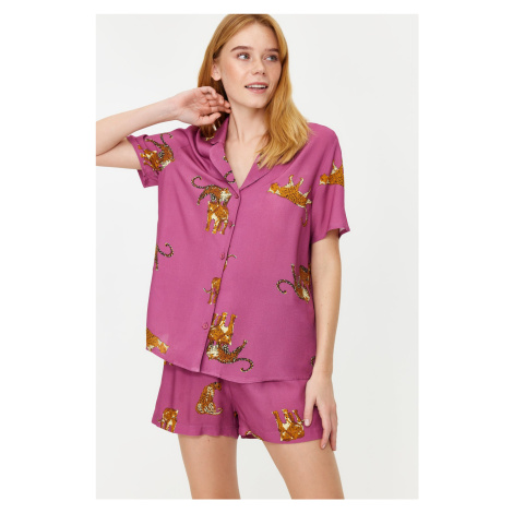 Trendyol Pale Pink Animal Pattern Viscose Shirt-Short Woven Pajamas Set