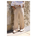 Laluvia Camel Tie Waist Wide Leg Linen-Texture Casual Trousers.